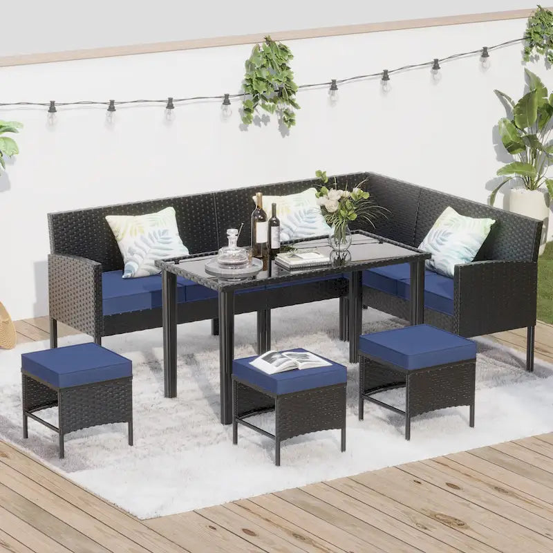 Mobili da patio per piccoli spazi, set di mobili da esterno da 7 pezzi, set di mobili da giardino, cuscino impermeabile, tavolo in vetro