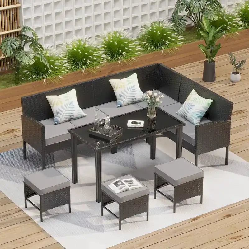 Mobili da patio per piccoli spazi, set di mobili da esterno da 7 pezzi, set di mobili da giardino, cuscino impermeabile, tavolo in vetro