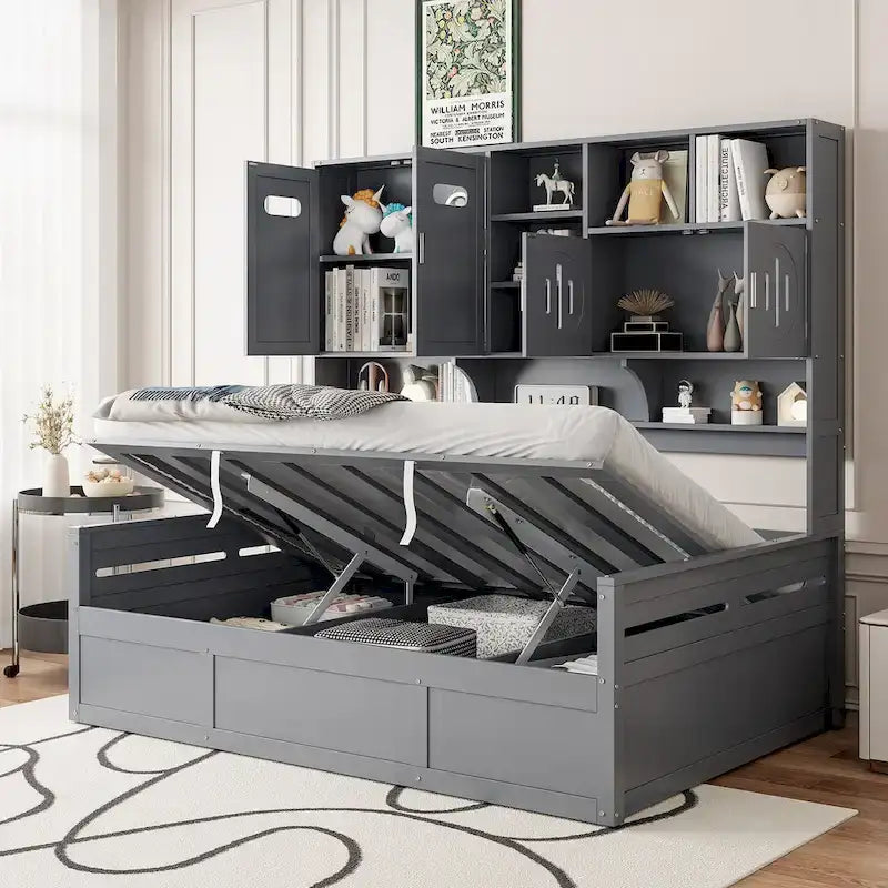 Divano Letto Singolo con Sollevamento Idraulico, 3 Spazi Contenitori e Scaffali e Armadietti Incorporati