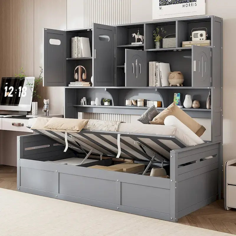 Divano Letto Singolo con Sollevamento Idraulico, 3 Spazi Contenitori e Scaffali e Armadietti Incorporati