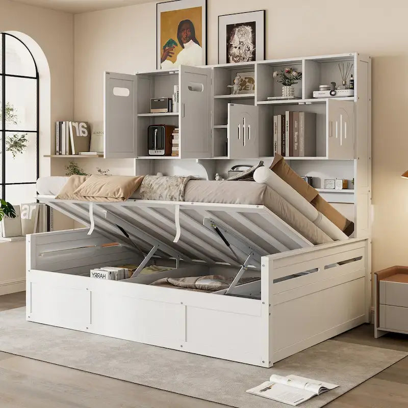 Divano Letto Singolo con Sollevamento Idraulico, 3 Spazi Contenitori e Scaffali e Armadietti Incorporati