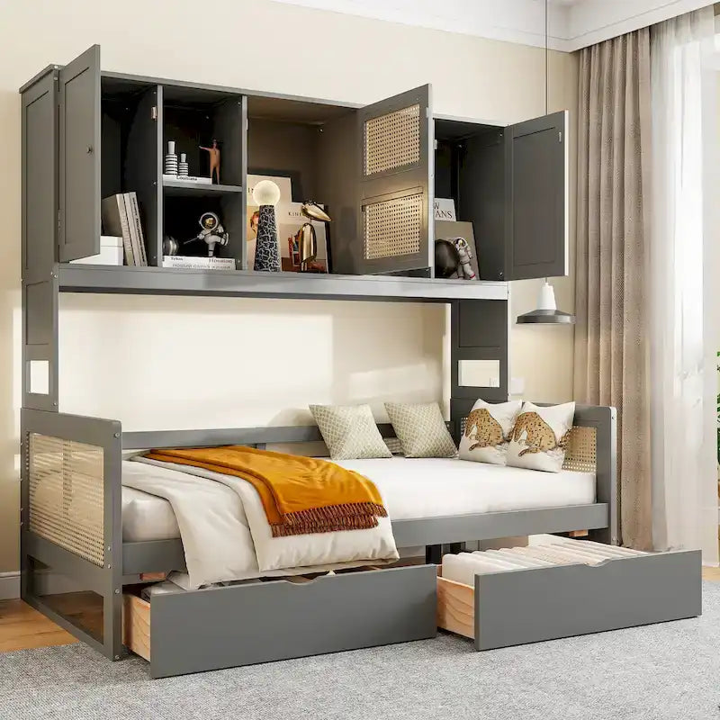 Letto a giorno singolo con cassetti portaoggetti, armadio e mensola, robusta struttura in legno