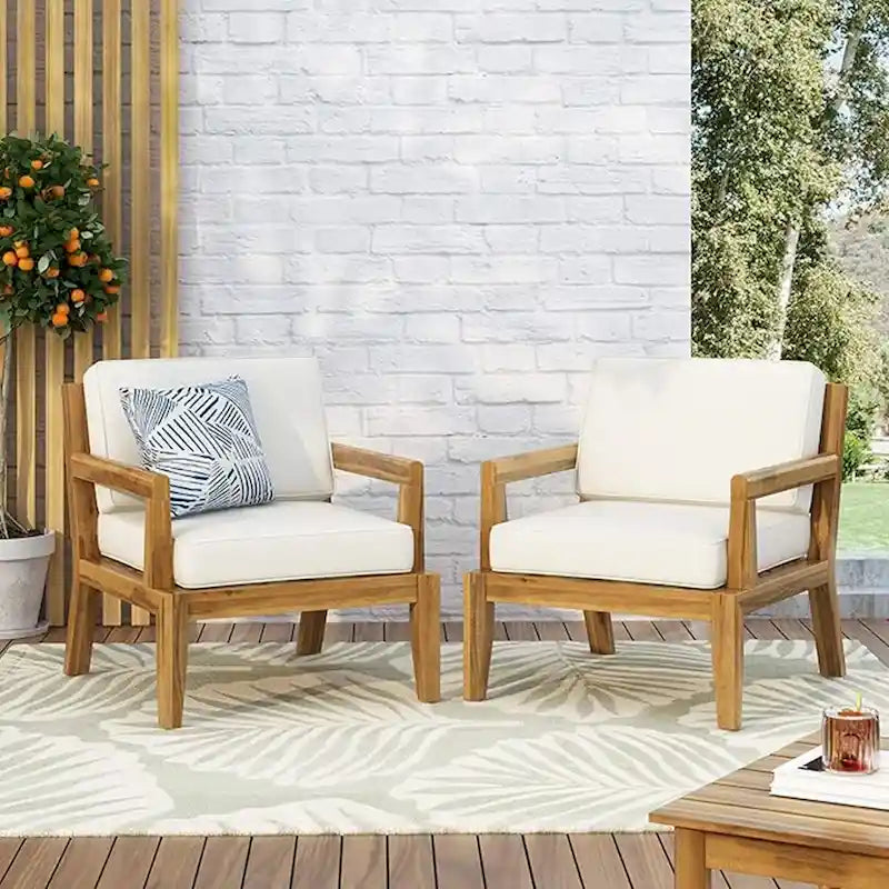 Set of 2, Outdoor Acacia Wood Patio Club Chair, Patio Furniture,Waterproof Thick Cushion Deep Seating