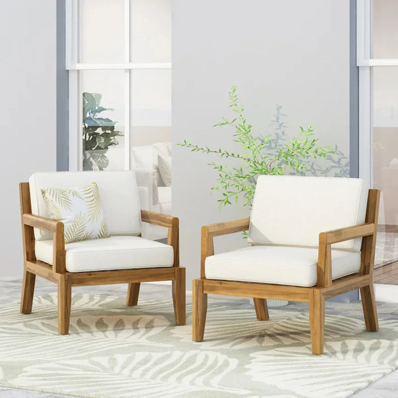 Set di 2, Sedia da giardino con struttura in legno di acacia per esterni, Mobili da patio, Cuscino spesso impermeabile con seduta profonda