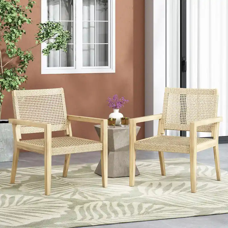 Roomfitters Set di 2 Sedie da Club da Esterno in Rattan e Legno di Acacia con Cuscini per Posti a Sedere da Patio, Naturale