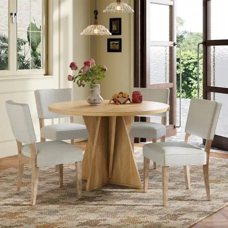 Set da pranzo rotondo da esterno a 5 pezzi in legno con 4 sedie imbottite