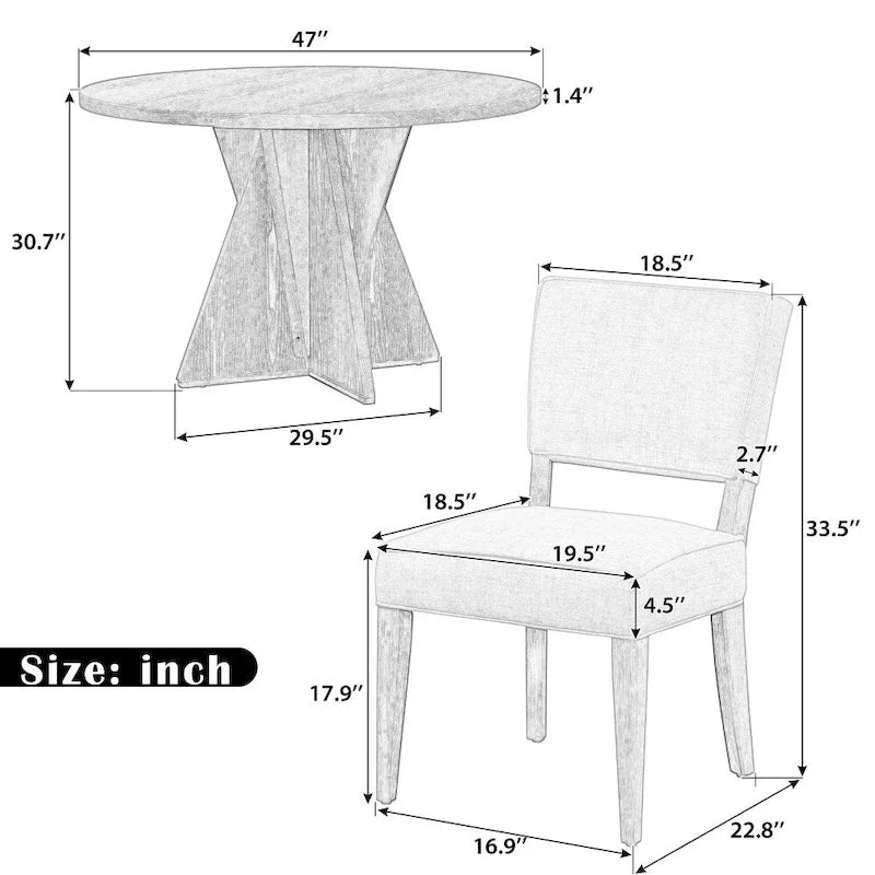 Set da pranzo rotondo da esterno a 5 pezzi in legno con 4 sedie imbottite