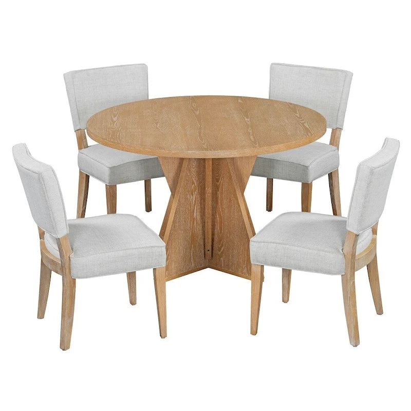 Set da pranzo rotondo da esterno a 5 pezzi in legno con 4 sedie imbottite