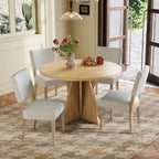 Set da pranzo rotondo da esterno a 5 pezzi in legno con 4 sedie imbottite