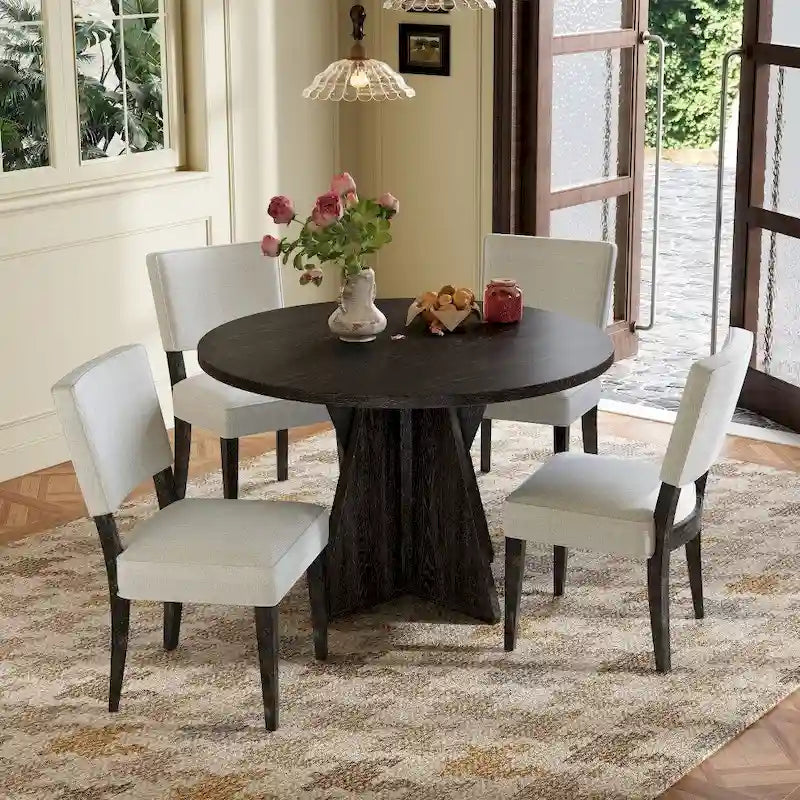 Set da pranzo rotondo da esterno a 5 pezzi in legno con 4 sedie imbottite