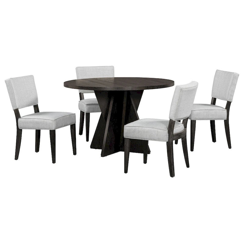 Set da pranzo rotondo da esterno a 5 pezzi in legno con 4 sedie imbottite