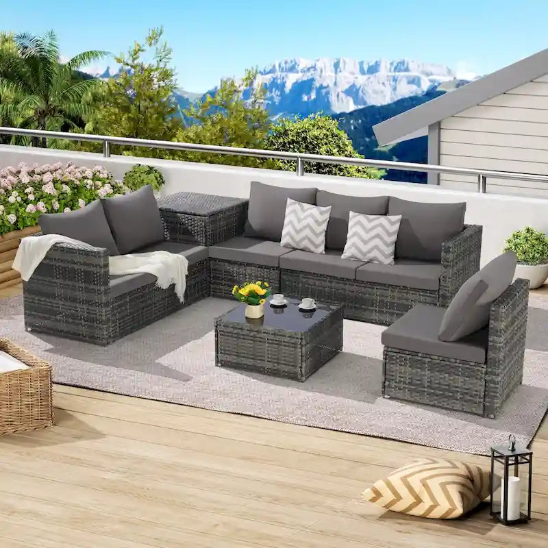 Set Divano Sezionale in Rattan 6 Pezzi con Angolo e Tavolo in Vetro