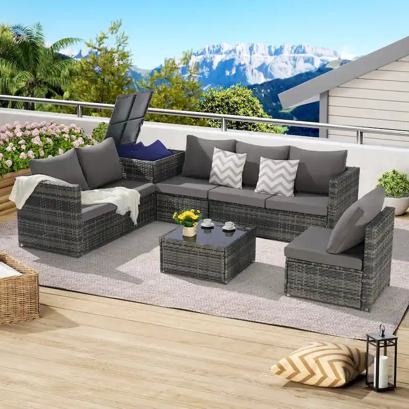 Set Divano Sezionale in Rattan 6 Pezzi con Angolo e Tavolo in Vetro