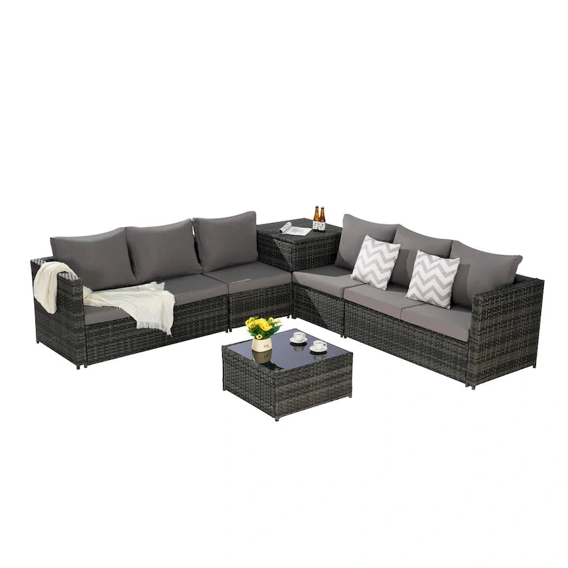 Set Divano Sezionale in Rattan 6 Pezzi con Angolo e Tavolo in Vetro