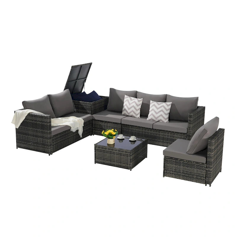 Set Divano Sezionale in Rattan 6 Pezzi con Angolo e Tavolo in Vetro