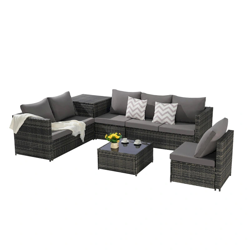 Set Divano Sezionale in Rattan 6 Pezzi con Angolo e Tavolo in Vetro