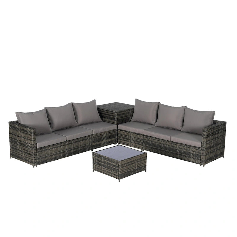 Set Divano Sezionale in Rattan 6 Pezzi con Angolo e Tavolo in Vetro