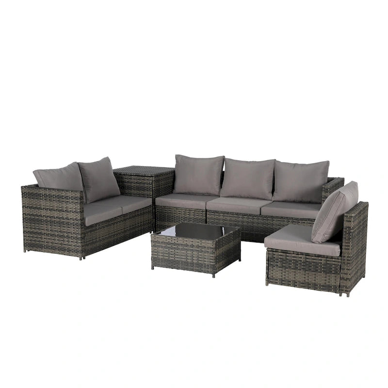Set Divano Sezionale in Rattan 6 Pezzi con Angolo e Tavolo in Vetro