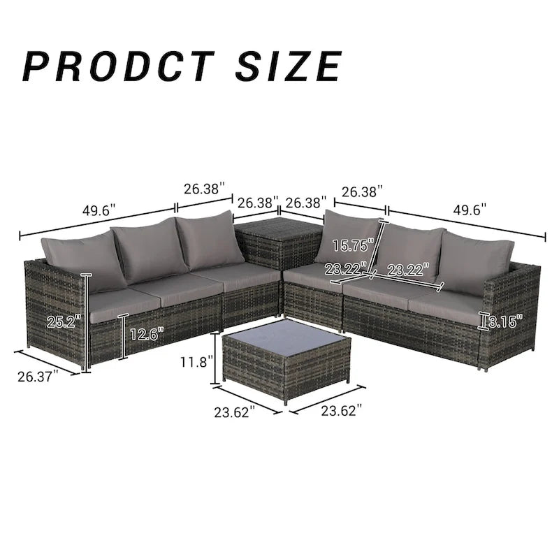 Set Divano Sezionale in Rattan 6 Pezzi con Angolo e Tavolo in Vetro