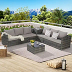 Set Divano Sezionale in Rattan 6 Pezzi con Angolo e Tavolo in Vetro