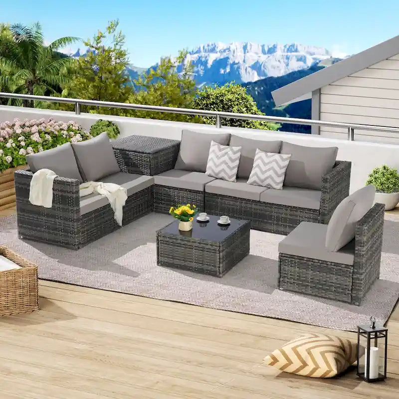 Set Divano Sezionale in Rattan 6 Pezzi con Angolo e Tavolo in Vetro