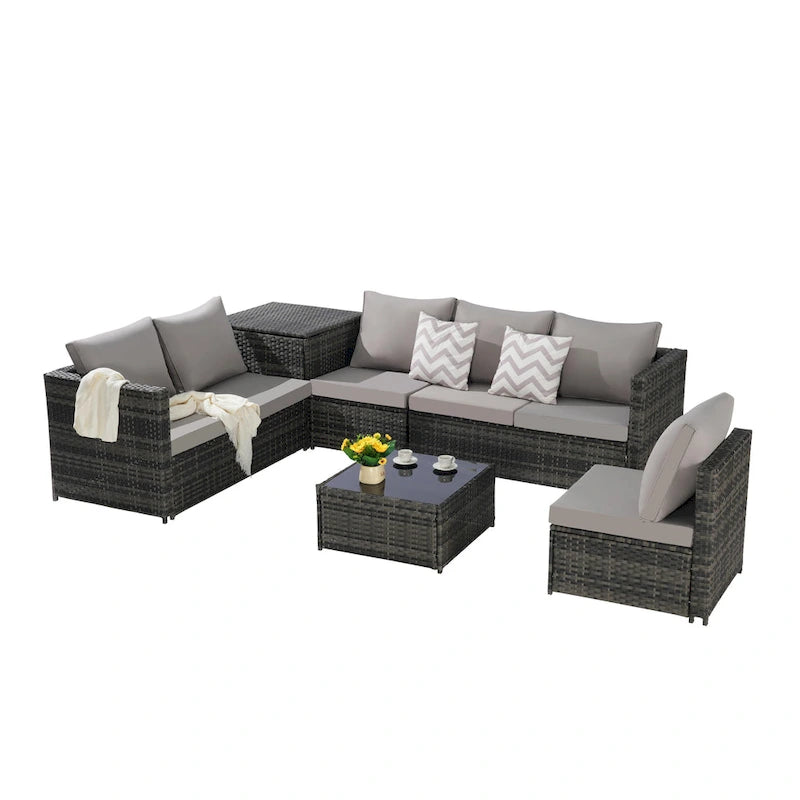Set Divano Sezionale in Rattan 6 Pezzi con Angolo e Tavolo in Vetro