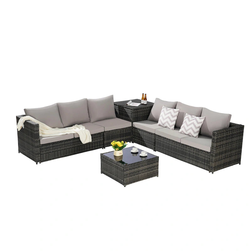 Set Divano Sezionale in Rattan 6 Pezzi con Angolo e Tavolo in Vetro