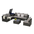 Set Divano Sezionale in Rattan 6 Pezzi con Angolo e Tavolo in Vetro