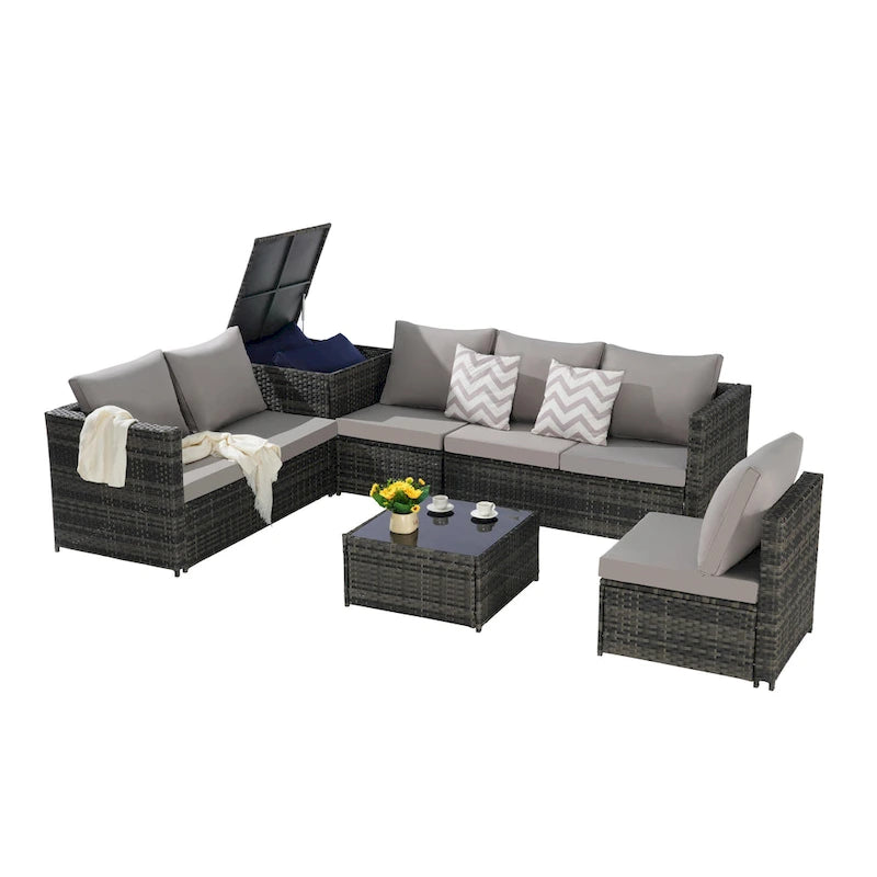 Set Divano Sezionale in Rattan 6 Pezzi con Angolo e Tavolo in Vetro