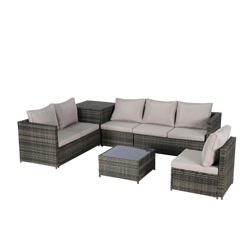 Set Divano Sezionale in Rattan 6 Pezzi con Angolo e Tavolo in Vetro