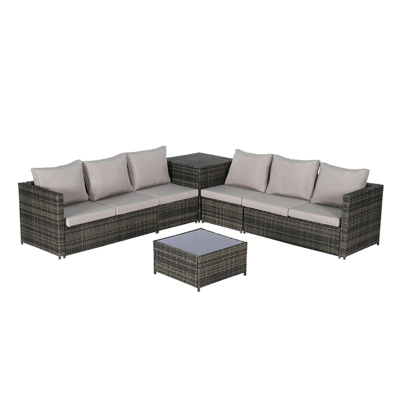 Set Divano Sezionale in Rattan 6 Pezzi con Angolo e Tavolo in Vetro