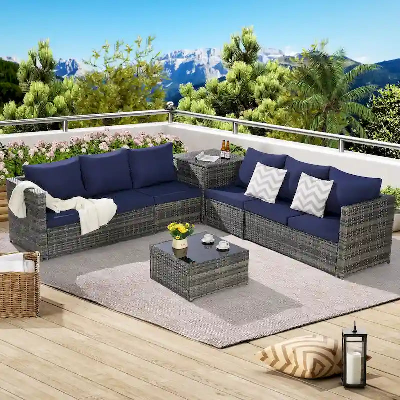 Set Divano Sezionale in Rattan 6 Pezzi con Angolo e Tavolo in Vetro