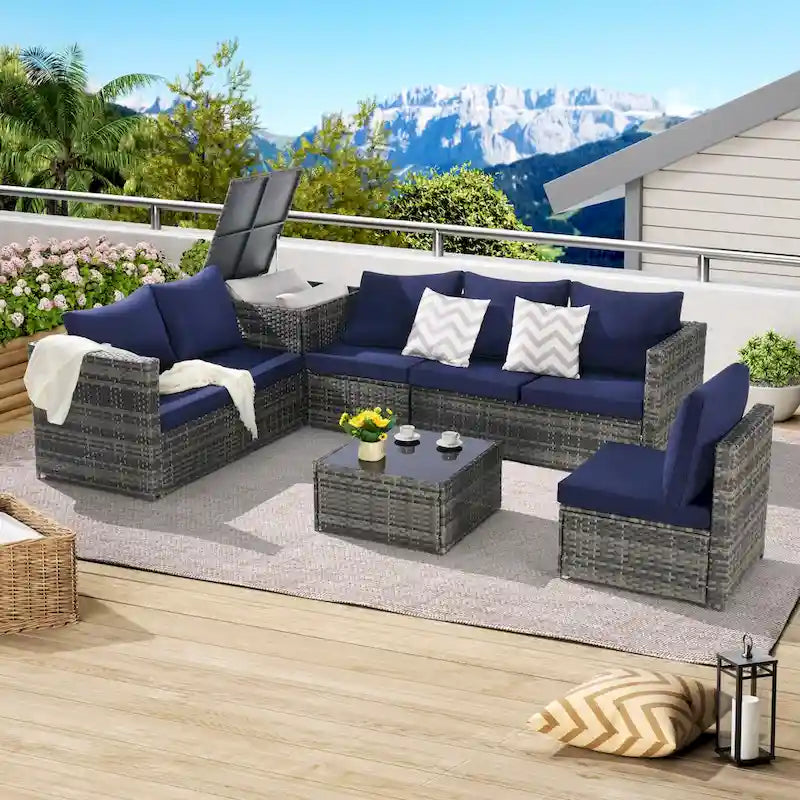 Set Divano Sezionale in Rattan 6 Pezzi con Angolo e Tavolo in Vetro