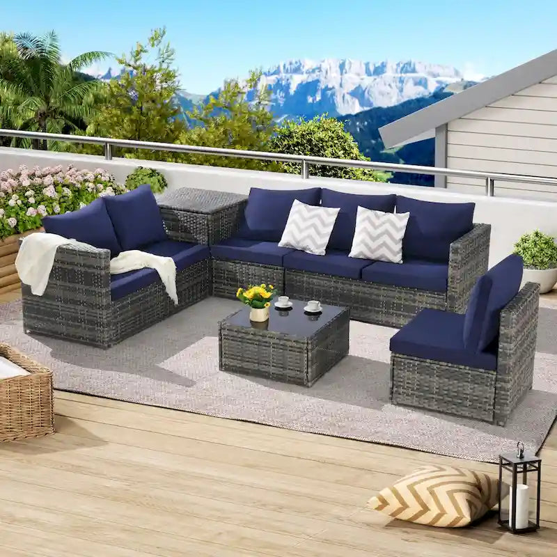 Set Divano Sezionale in Rattan 6 Pezzi con Angolo e Tavolo in Vetro