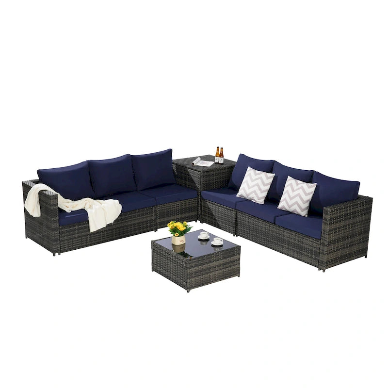 Set Divano Sezionale in Rattan 6 Pezzi con Angolo e Tavolo in Vetro