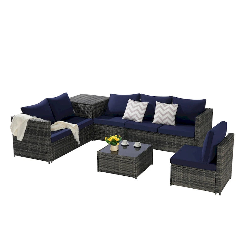 Set Divano Sezionale in Rattan 6 Pezzi con Angolo e Tavolo in Vetro