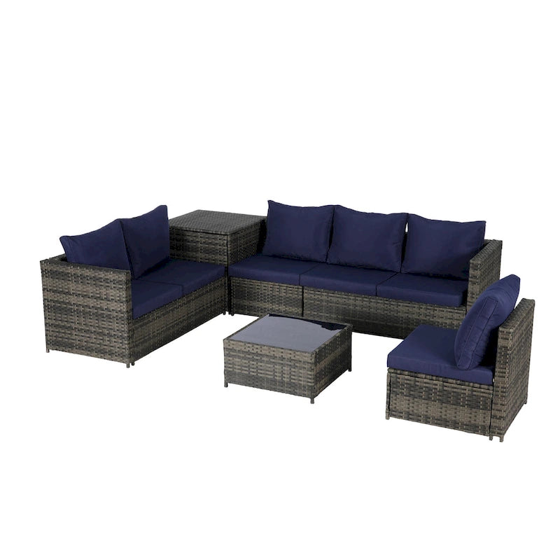 Set Divano Sezionale in Rattan 6 Pezzi con Angolo e Tavolo in Vetro