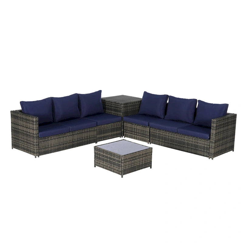 Set Divano Sezionale in Rattan 6 Pezzi con Angolo e Tavolo in Vetro