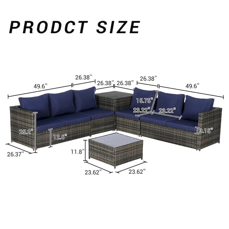 Set Divano Sezionale in Rattan 6 Pezzi con Angolo e Tavolo in Vetro