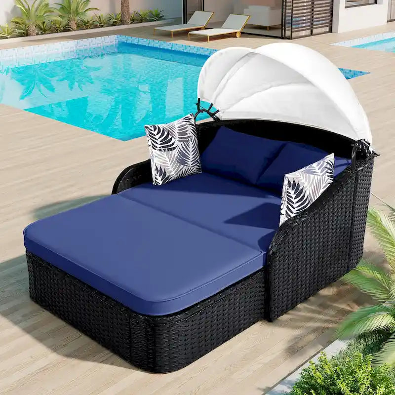 79.9 PE Rattan Daybed Sunbed with Adjustable Canopy