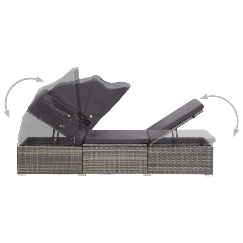 Lettino prendisole Casey con tettuccio, cuscino, rattan grigio, 195 cm