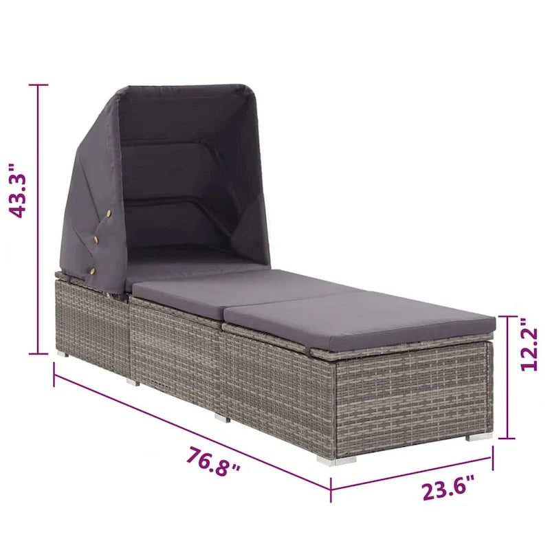 Lettino prendisole Casey con tettuccio, cuscino, rattan grigio, 195 cm
