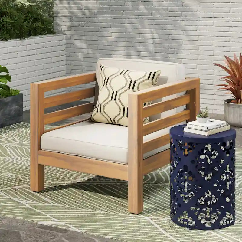 Oana Club Chair Beige Acacia Wood Outdoor Patio Furniture Waterproof Cushions 30in