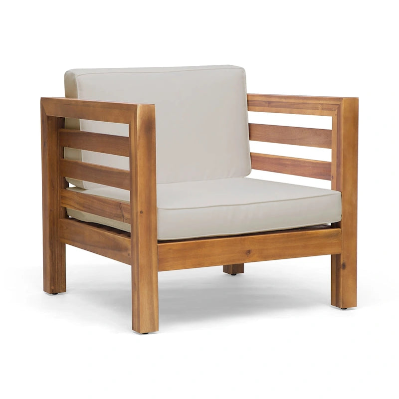 Poltrona club Oana in legno di acacia beige per esterni, cuscini impermeabili, 76 cm