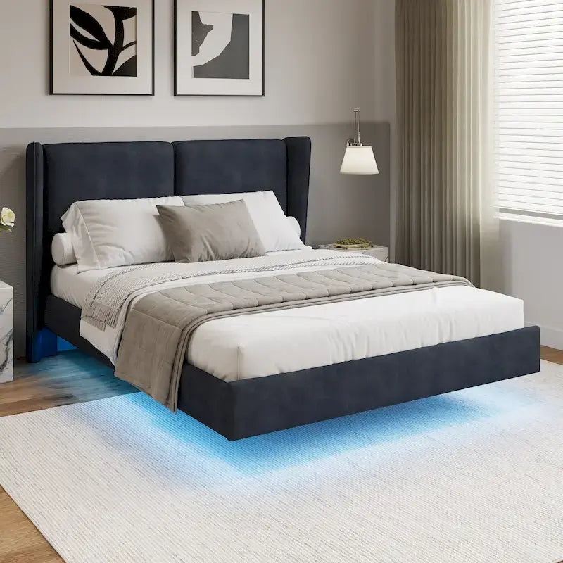 Letto Matrimoniale Queen con Piattaforma Galleggiante, Luci LED e 6 Vani Contenitore
