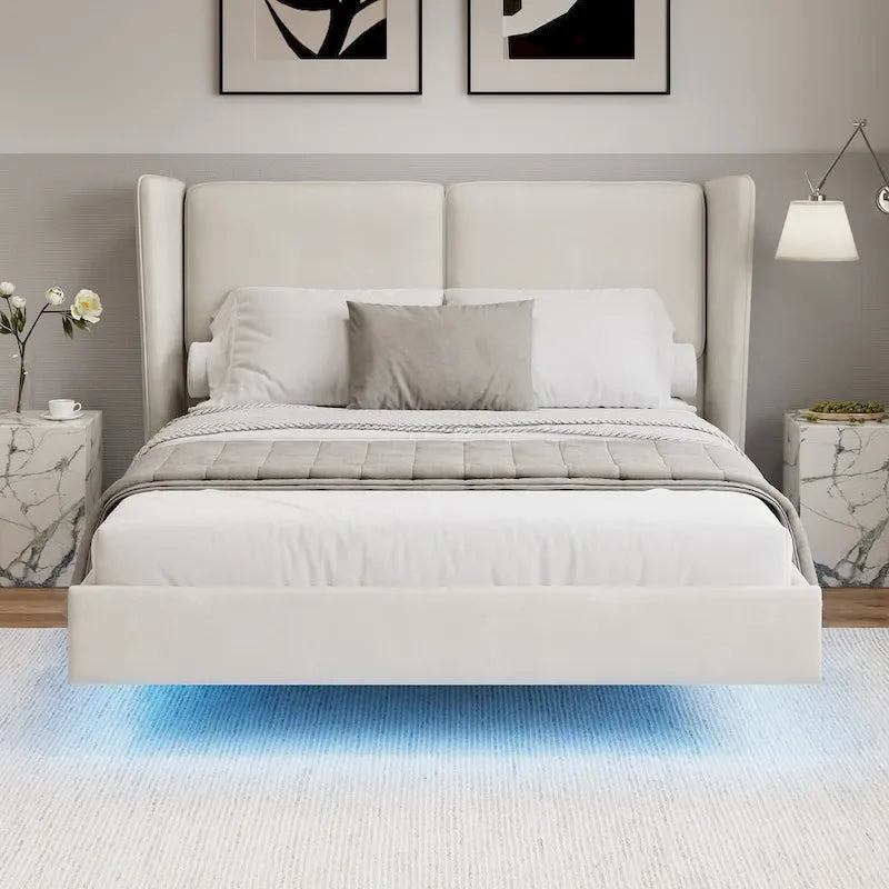 Letto Matrimoniale Queen con Piattaforma Galleggiante, Luci LED e 6 Vani Contenitore