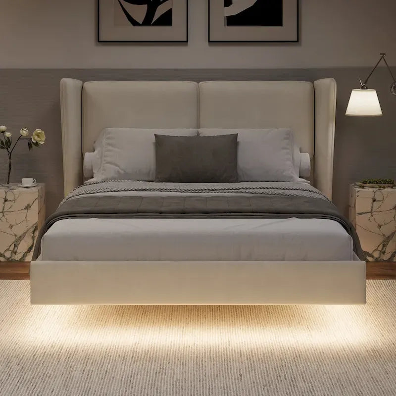 Letto Matrimoniale Queen con Piattaforma Galleggiante, Luci LED e 6 Vani Contenitore