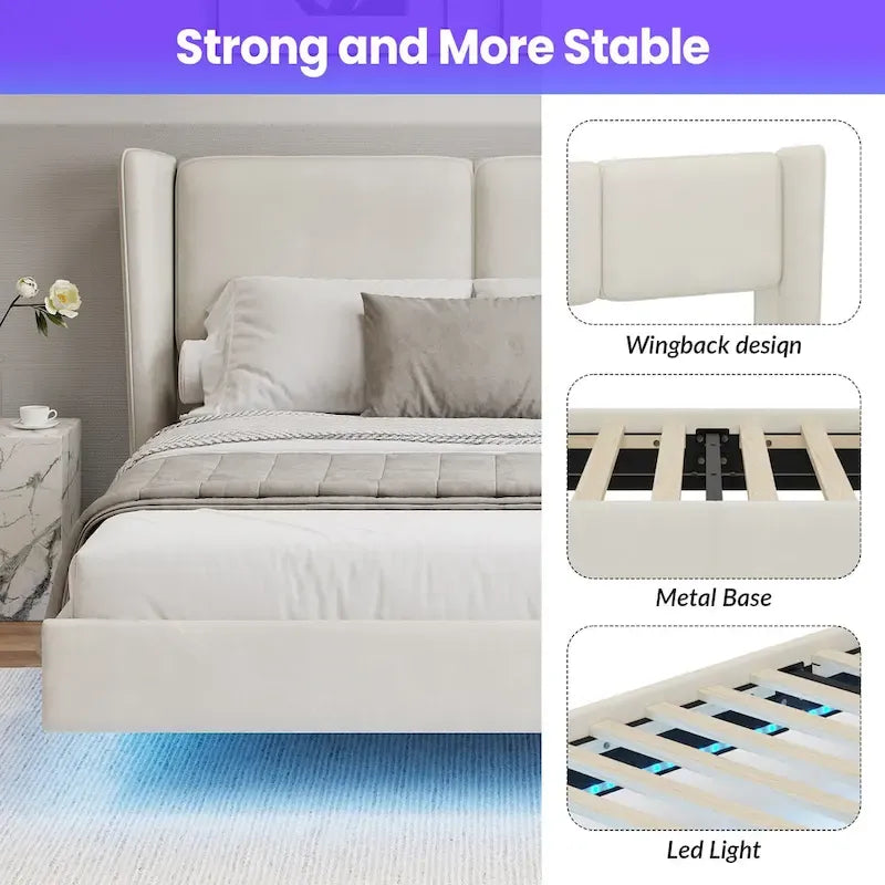 Letto Matrimoniale Queen con Piattaforma Galleggiante, Luci LED e 6 Vani Contenitore