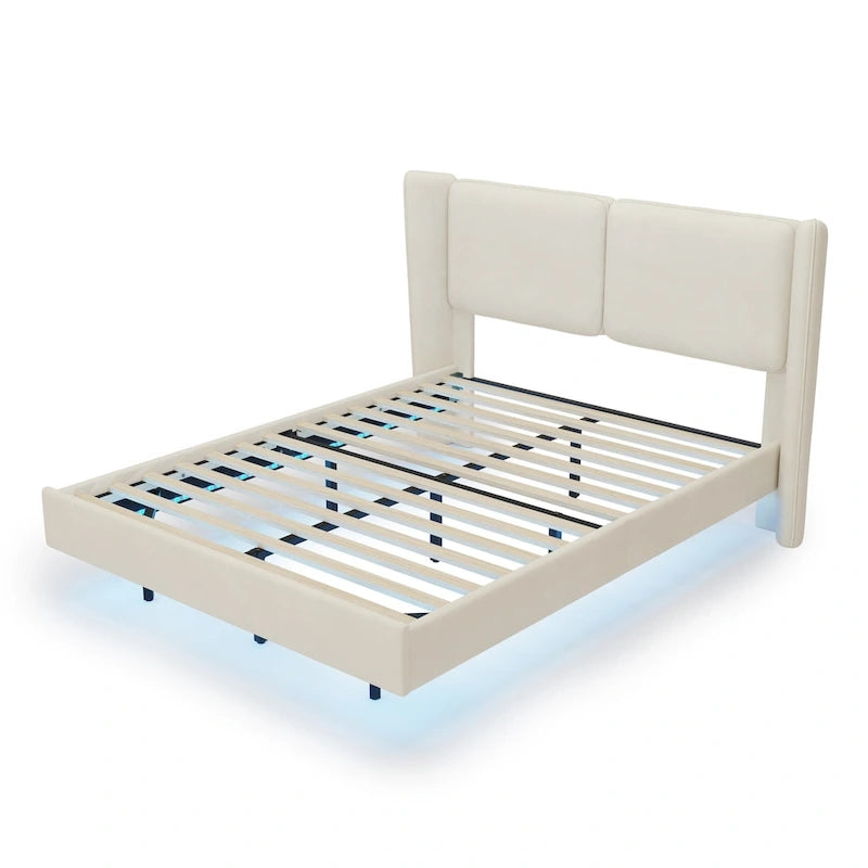 Letto Matrimoniale Queen con Piattaforma Galleggiante, Luci LED e 6 Vani Contenitore