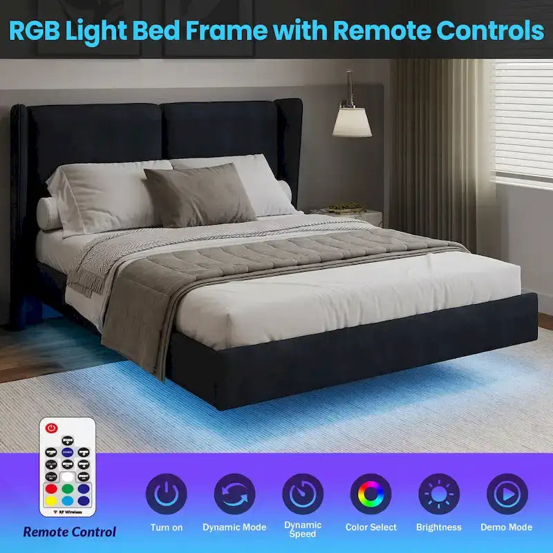Letto Matrimoniale Queen con Piattaforma Galleggiante, Luci LED e 6 Vani Contenitore